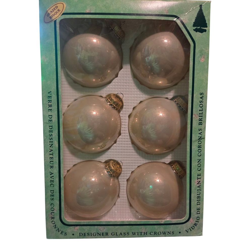 Vintage 1993 Christmas by Krebs Glazed Bisque Glass Ornaments 6 pc Cream 2.5"